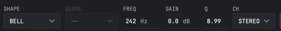 The filter half of the parameter bar for the selected band: SHAPE BELL, SLOPE dashed out because a bell has none, FREQ 242 Hz, GAIN 0.0 dB, Q 8.99 and CH STEREO.