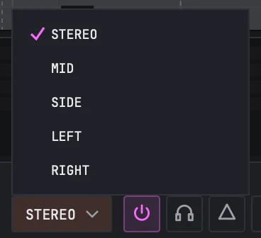 The CH cell with its list open: STEREO ticked, then MID, SIDE, LEFT and RIGHT.
