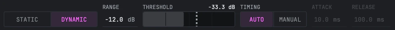 The dynamics row of a band the scan wrote: the STATIC and DYNAMIC pair with DYNAMIC held, RANGE -12.0 dB, a THRESHOLD track reading -33.3 dB, TIMING on AUTO, and ATTACK 10.0 ms and RELEASE 100.0 ms dimmed because AUTO derives them.