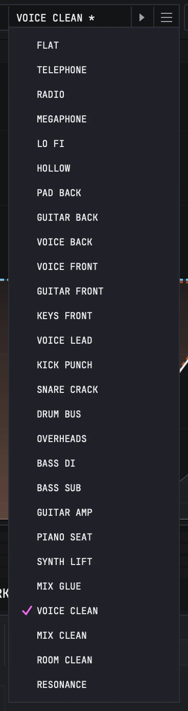 The preset list open under the name cell, showing the twenty seven factory rows from FLAT at the top down to RESONANCE, sorted by the job each one does, with VOICE CLEAN ticked.