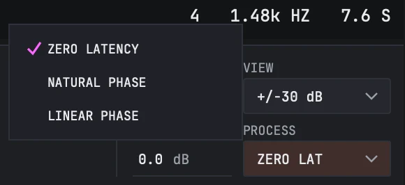The PROCESS cell with its list open: ZERO LATENCY ticked, then NATURAL PHASE and LINEAR PHASE, with the cell under the list reading ZERO LAT.
