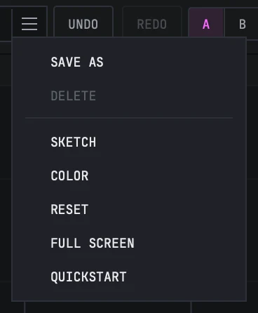 The settings menu open under the three lines on the preset group: SAVE AS, DELETE dimmed because a factory preset cannot be deleted, then SKETCH, COLOR, RESET, FULL SCREEN and QUICKSTART.