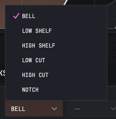 The SHAPE cell with its list open: BELL ticked, then LOW SHELF, HIGH SHELF, LOW CUT, HIGH CUT and NOTCH.