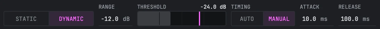 The same dynamics row with TIMING switched to MANUAL: RANGE -12.0 dB, the THRESHOLD track reading -24.0 dB with its marker standing on the typed level, and ATTACK 10.0 ms and RELEASE 100.0 ms now live rather than dimmed.