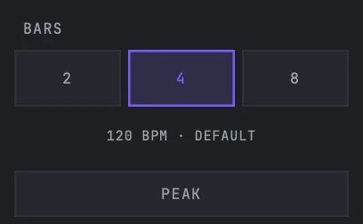 SURGE's BARS control with 2, 4 and 8 options and 4 selected, the tempo line beneath it reading 120 BPM · DEFAULT, and the PEAK button below.