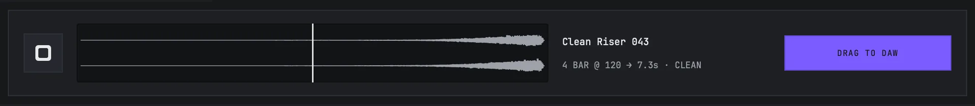 SURGE's preview deck: the waveform of the selected sound with the playhead partway through, the sound's name and its bar count, tempo and length, and the DRAG TO DAW button.