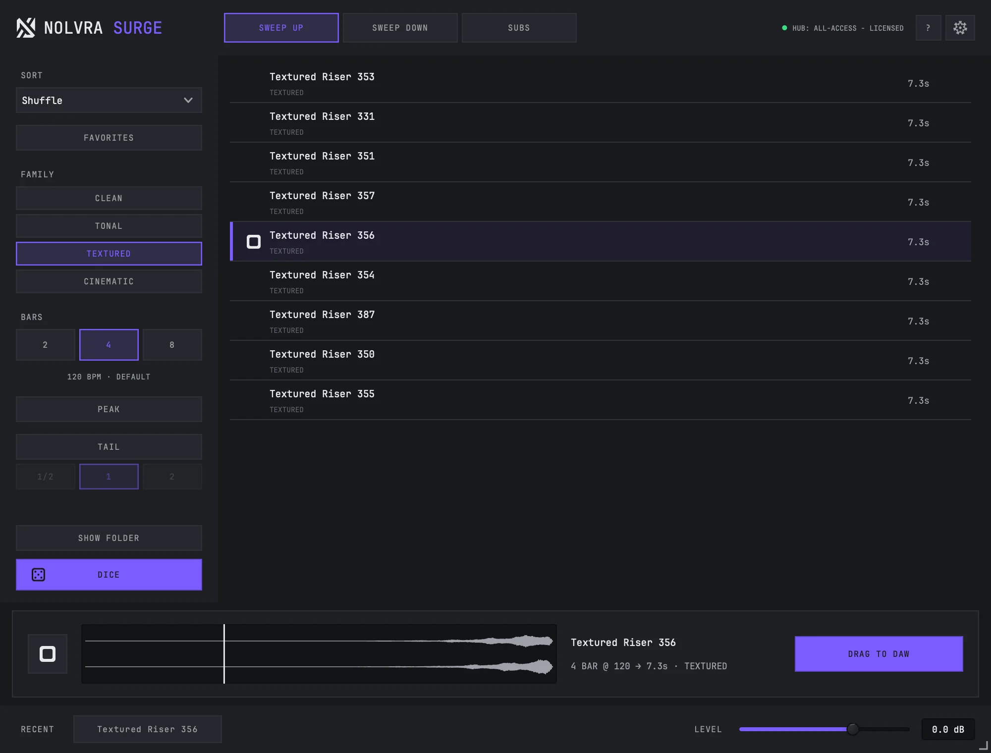 The SURGE window with the TEXTURED family filter ticked: the list is narrowed to textured risers only, and a row is selected and playing.