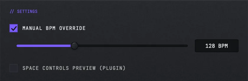 SURGE's SETTINGS panel, opened from the gear in the top bar: MANUAL BPM OVERRIDE ticked, the BPM fader beneath it live and reading 128 BPM, and SPACE CONTROLS PREVIEW (PLUGIN) unticked below.