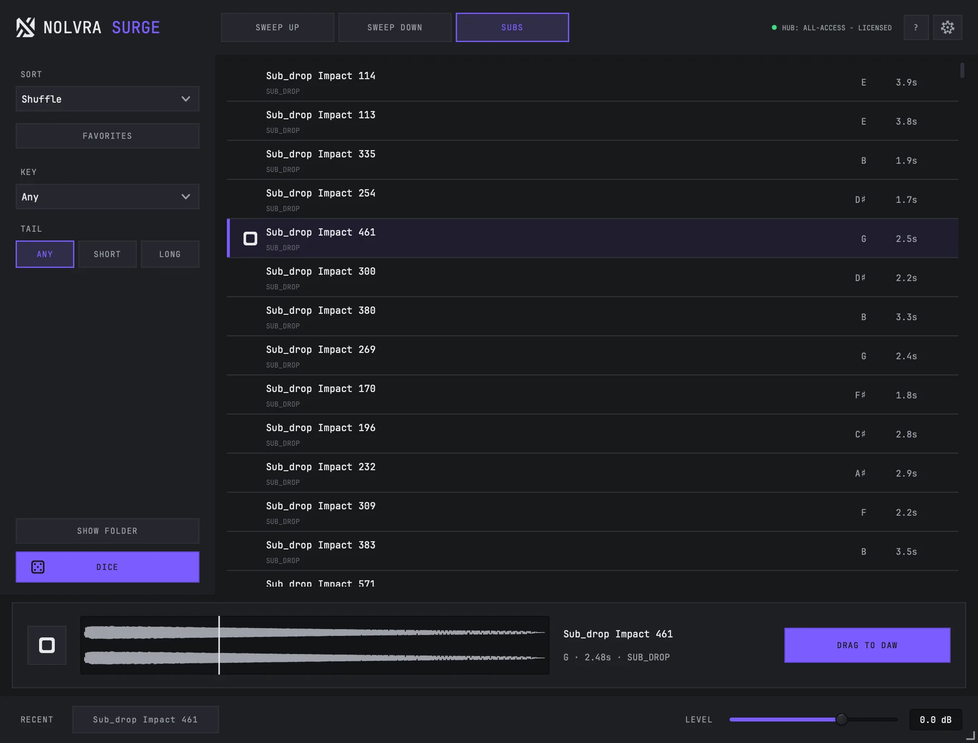 The SURGE window on the SUBS shelf: the filter rail swaps the family filters for a KEY menu and a tail-character row, and the list holds tuned sub drops.