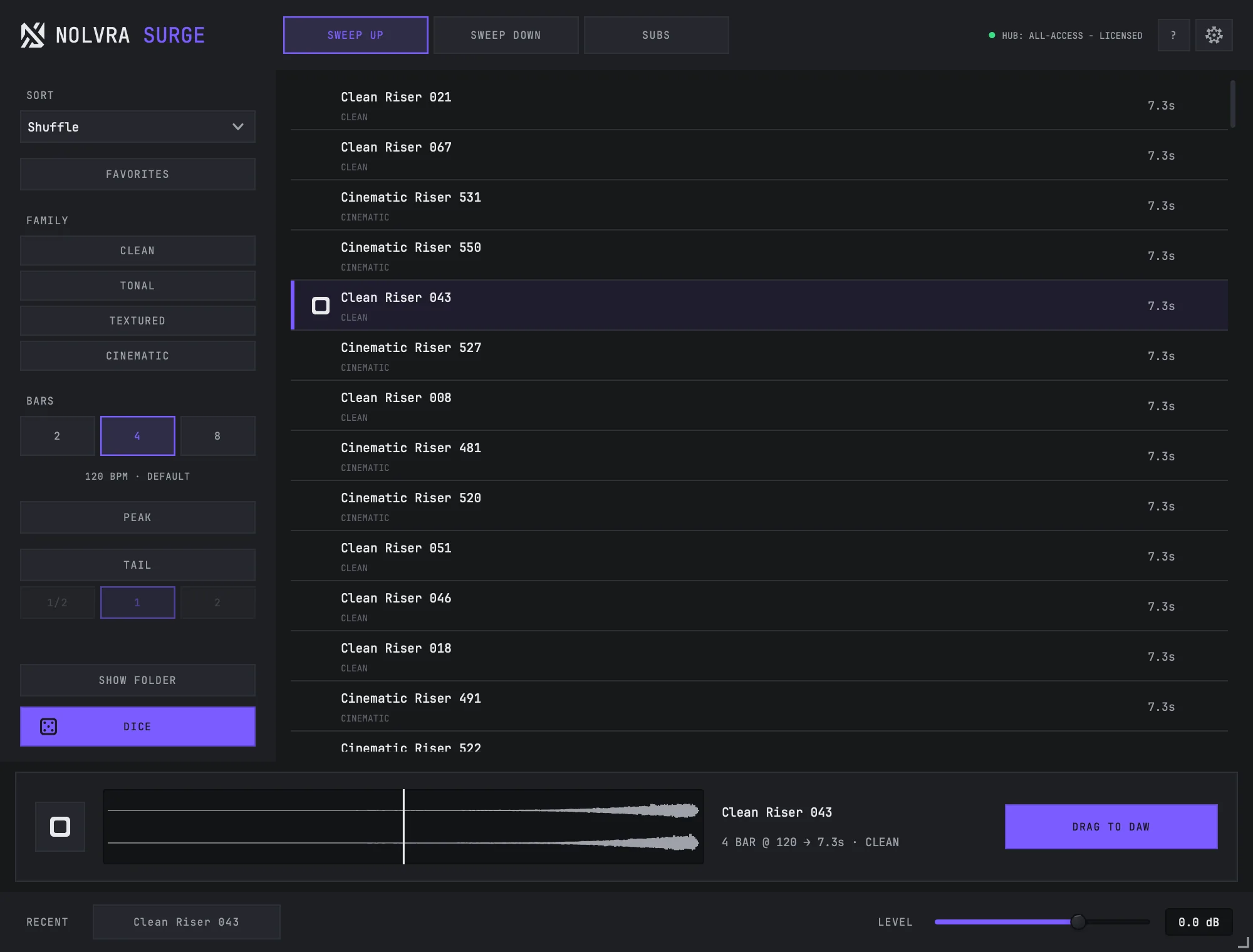 The SURGE window: three shelf tabs across the top, the filter rail on the left, the sound list in the middle, and the preview deck along the bottom with a waveform and a DRAG TO DAW button.
